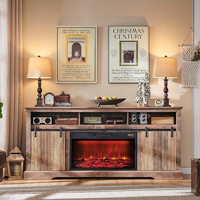 Fluted Fireplace TV Stand for TVs Up to 80 Inch with 30" Electric Fireplace, Modern Entertainment Center w/Waveform Panel Sliding Door & Adjustable Shelves, Media Console for Living Room (Light Brown)