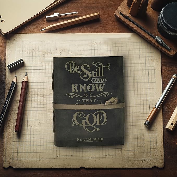 LEATHER VILLAGE Vintage Leather Journal with Psalm 46:10 Bible Verse–8''x6'' Embossed Prayer Study Journal for Women & Men – 200 Pages Handmade Cotton Deckle Edge Watercolor Paper - Aqua