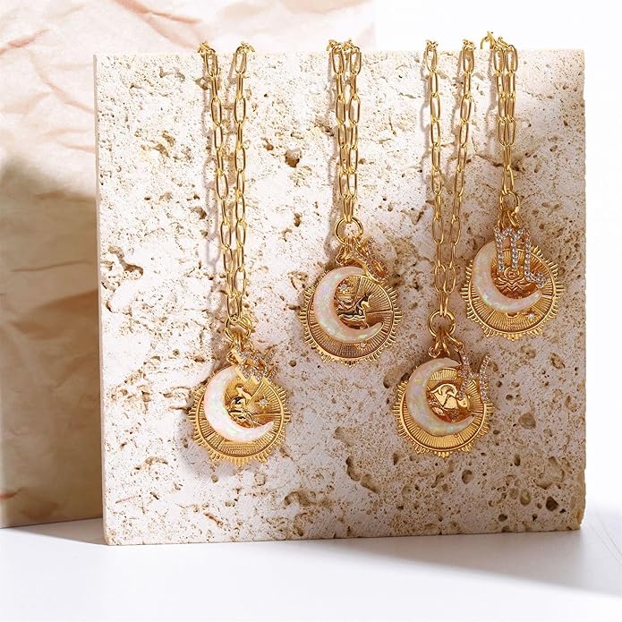 Gold Zodiac Sign Embossed Coin Opal Crescent Moon Charm Necklace for Women Trendy 18K Gold Plated Retro Paperclip Chain 12 Constellation Horoscope Necklaces Astrology Jewelry Gifts
