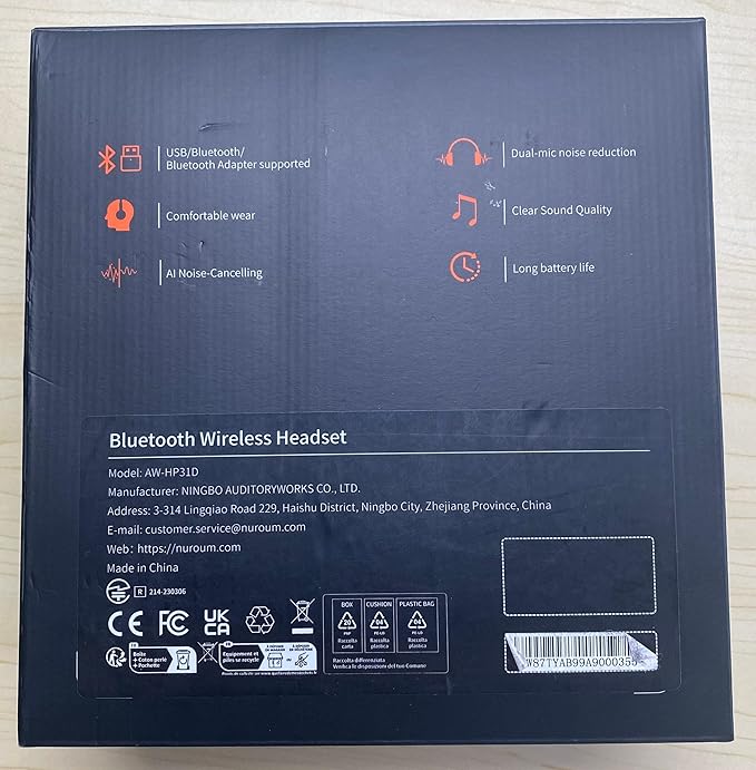 NUROUM HP31D(2nd Gen) Wireless Headset with Mic for Work, Bluetooth Headset with Noise Cancelling Microphone, Charging Stand/Mute Button, Dongle/USB for PC/Computer/Laptop for Zoom/Teams, Office