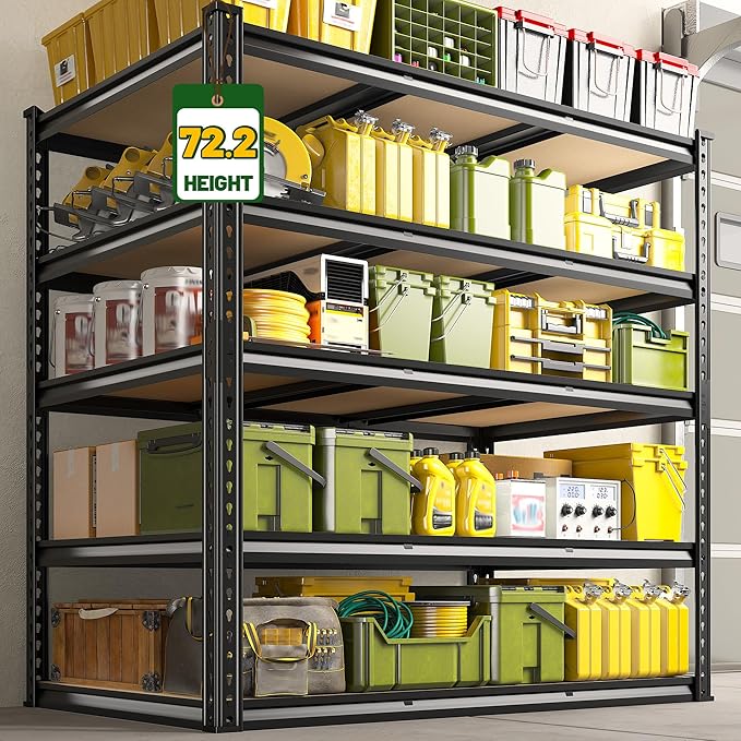 2800 LBS Garage Shelving 72.2" H Garage Storage Shelves, 5 Tier Adjustable Shelving Unit, Storage Shelves for Storage, Basement, Warehouse, Pantry, Kitchen, 48.1" W x 24.1" D x 72.2" H, Black, 2 Pack