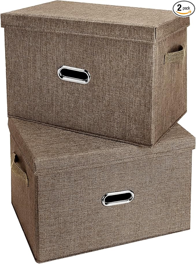 Large Linen Fabric Foldable Storage Bins with Removable Lid and Handles, Washable Storage Box Organizer Containers Baskets Cube with Cover for Bedroom,Closet,Office (Coffee, Small(2-Pack))
