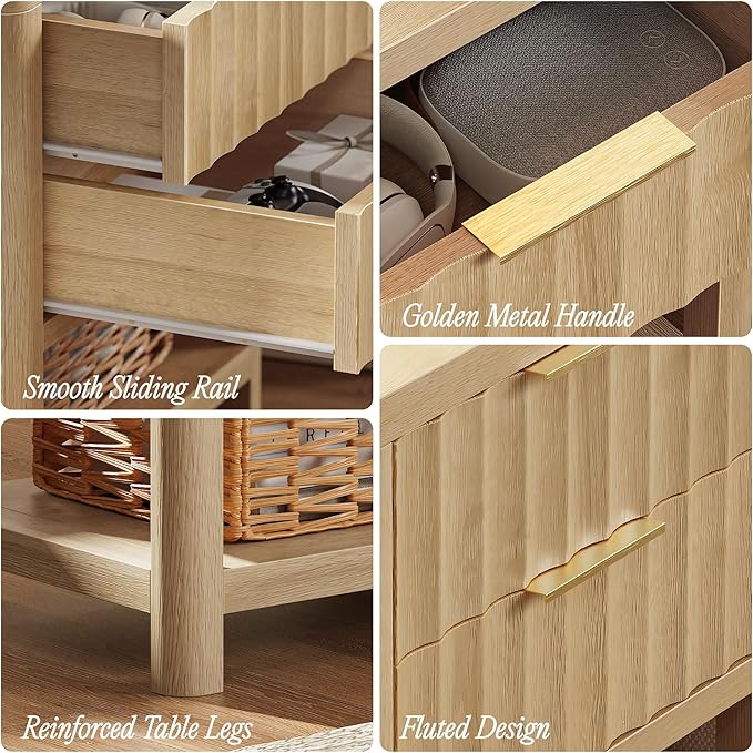 Huuger 27.6 Inch Tall Night Stand with Charger Station, USB-C Port, Fluted Nightstand with 2 Deep Drawers, Larger Wider Bed Side Table with Open Shelf, Bedroom Living Room End Table, Natural