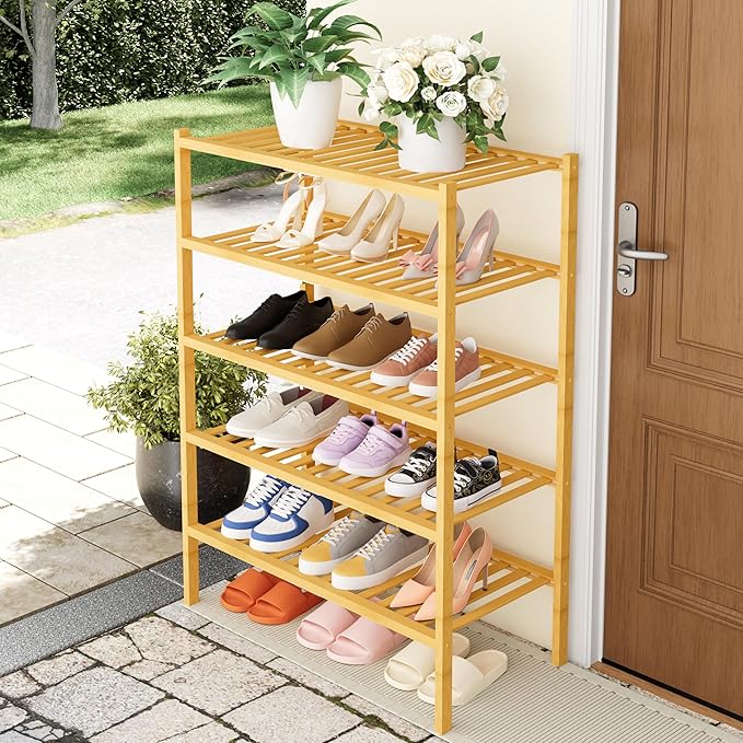 Smiry Shoe Rack, 5 Tier Thick Bamboo Shoe Organizer, Stackable Free Standing Wooden Shoe Storage Shelf for Closet, Entryway, Front Door Entrance, Natural