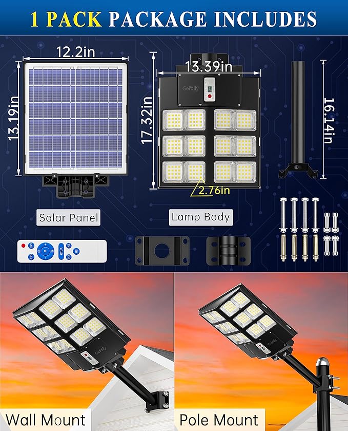 Gefolly SL-2000W Outdoor Solar Street Light - 200000LM, Dusk to Dawn, 6500K Solar Security Motion Sensor Flood Light