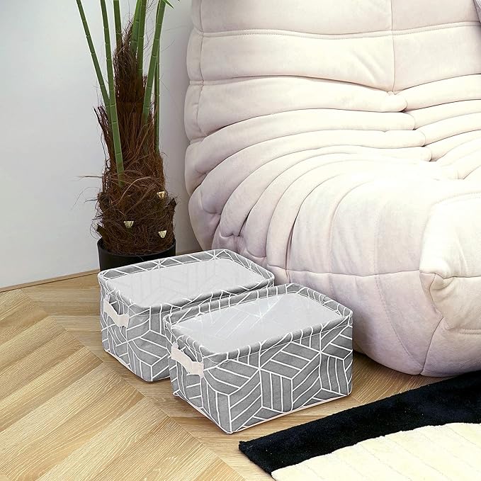 CROWNED 6 Pcs Storage Basket Foldable Cube Fabric Bins Square Mini Box Receive Organizer Rectangle Canvas with Handles for Home Office Books Small 11x8x6.3 inch Grey