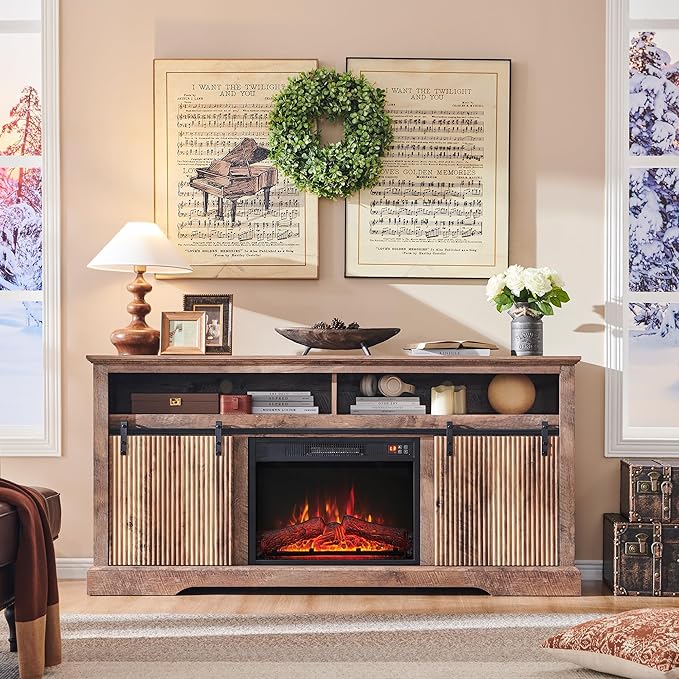 Fluted Fireplace TV Stand for TVs Up to 75 Inch, Modern Entertainment Center with Waveform Panel Sliding Door & Adjustable Shelves, Media Console for Living Room (Light Brown)