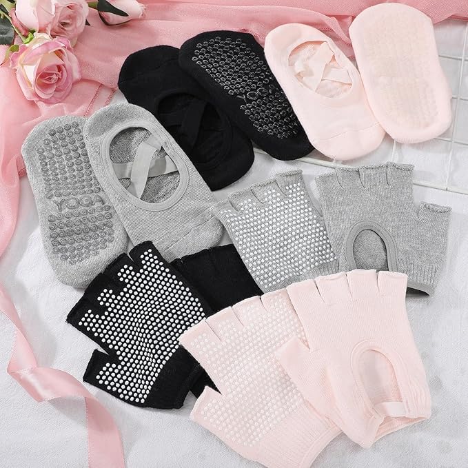 Shihanee 6 Pairs Non Slip Yoga Gloves Socks Set for Women Silicone Dot Grip Fingerless Gloves Towel Bottom Pilates Socks Yoga Accessories for Workout Exercise Hanging Fit Cycling