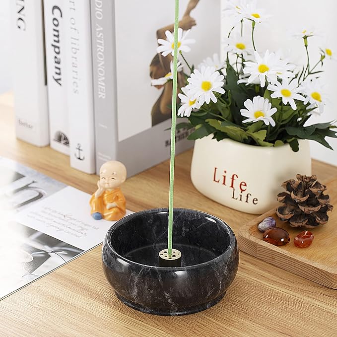 Incense Holder, Incense Burner ash Catcher with Brass 9 Holes Incense Stick Holder for Home Decor Yoga Spa Madiation (Natural Black Marble) Birthday Gifts for Women