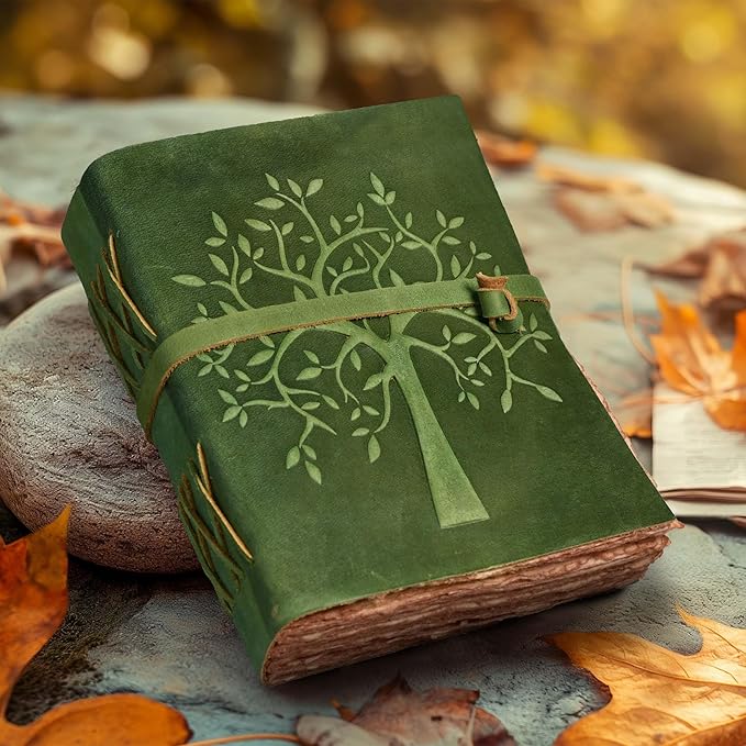 LEATHER VILLAGE Tree of Life Journal - 8"X6" (A5) inches - Green - 200 Antique Deckle Edge Handmade Paper – Book of Shadows - Vintage Leather Bound Journal for Women & Men