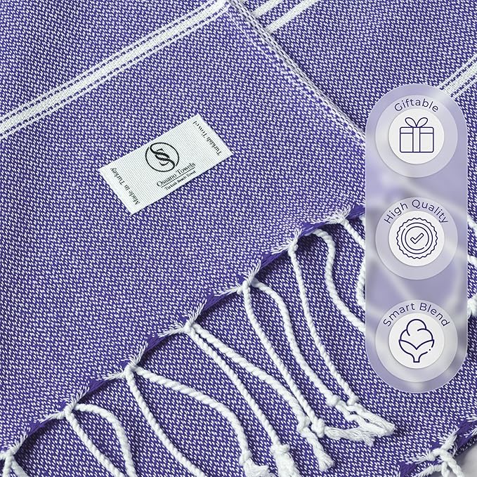 Turkish Beach Towel Compact & Soft Extra Large (39" x 71") - Quick Dry, Versatile and Functional as Yoga Mat, Picnic Blanket/Travel Blanket, Bath, Shower and Pool Towel - Purple