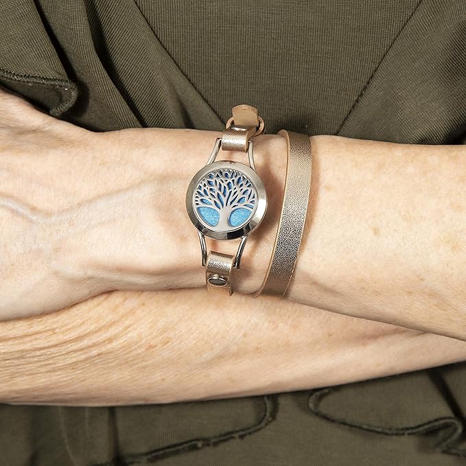 Wild Essentials Tree of Life Essential Oil Bracelet Diffuser, Leather Wrap Band, Stainless Steel Locket Pendant, 12 Color Refill Pads, Customizable Color Changing Perfume Jewelry for Aromatherapy