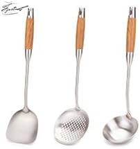 FJNATINH Soup Ladle, 13.7inches Ladle for wok, 304 Stainless Steel wok spatula,Wooden Handle