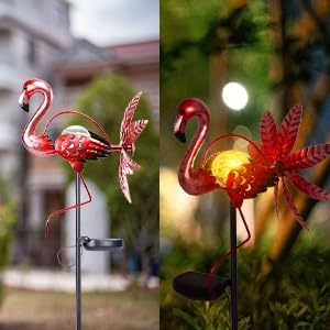 Flamingo Solar Light Wind Spinner Outdoor Garden Decoration, Waterproof Garden Stake LED with Cracked Glass Ball, Gift for Mom, Lawn Ornaments for Pathway, Patio, Yard Decor Outdoor
