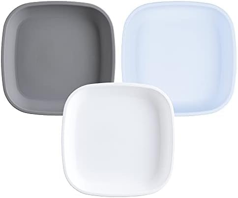 Re-Play Toddler Plates - 22 Oz. Deep-Walled Flat Kids Plates - Dishwasher & Microwave Safe - Made in USA - Set of 3-7.37" x 7.37" x 1.25" - Glacier
