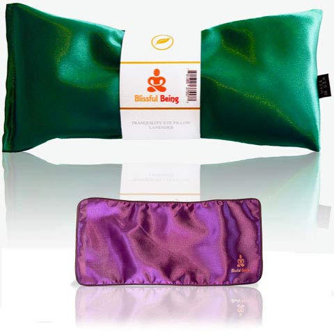 Lavender Eye Pillow with Purple Satin Cover- Hot or Cold Aromatherapy Eye Pillow perfect for Naps, Yoga, Meditation - Natural Relaxation (Emerald with purple cover bundle)