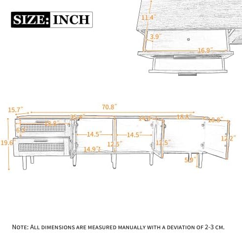 Rattan TV Stand for 75 Inch TV, Modern Farmhouse Media Console with Solid Wood Legs, Multi-Functional Storage & Cable Management, Easy Assembly Entertainment Center for Living Room Home