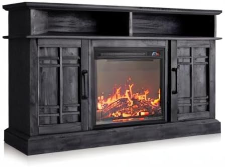 BELLEZE 48" TV Stand with 18" Electric Fireplace Heater, Modern TV Stand for TVs up to 50", Entertainment Media Stand with Open Shelves and Storage Cabinets for Living Room, Bedroom (Rustic Grey)