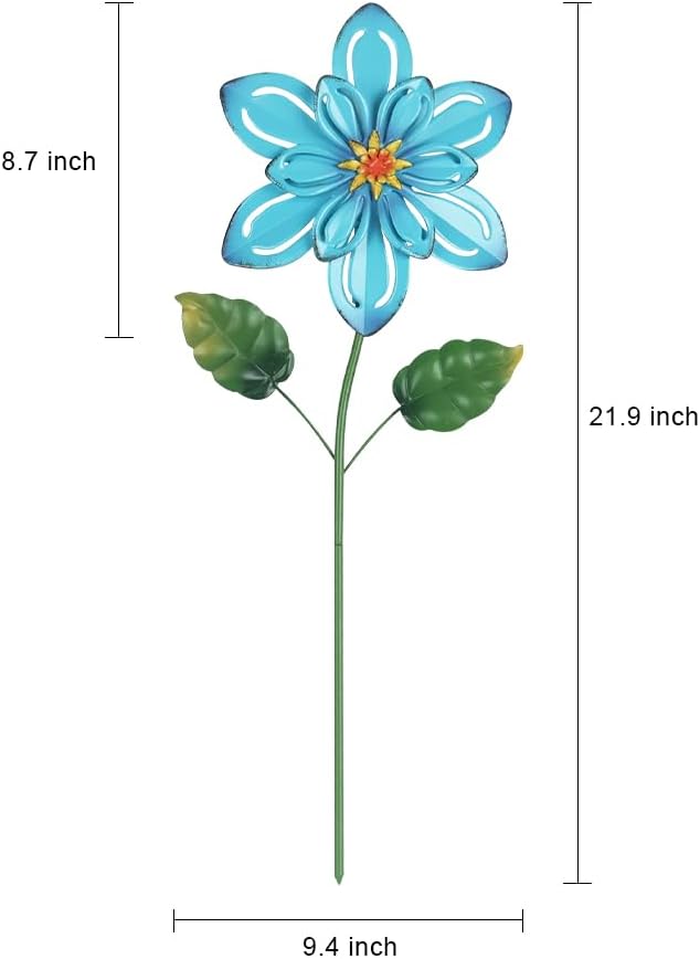 hogardeck Metal Flower Decorative Garden Stakes, 2 Pack 22" Outdoor Garden Decor with Shaking Flower Head Yard Stakes, Yard Art Spring Decorations for Patio Lawn (Blue & Red)