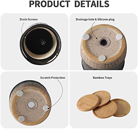 TAMAYKIM 4 Inch Ceramic Boho Plant Pots with Drainage Hole and Saucers, Black Retro Totem Design Small Flower Planters for Indoor Plants, Succulent, Aloe, Cactus and Herbs, Set of 4