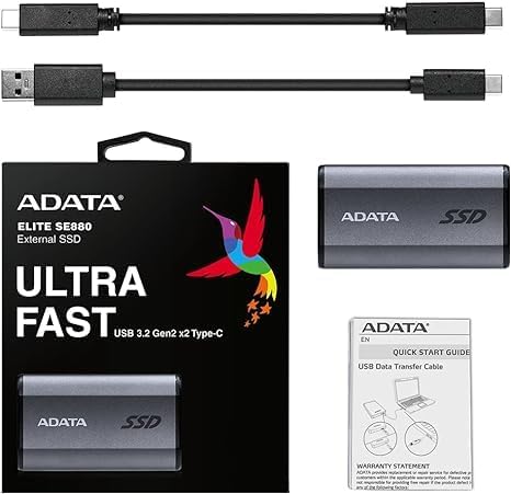 ADATA SE880 500GB - Up to 2000 MB/s- SuperSpeed USB 3.2 Gen 2x2 USB-C External Portable SSD Titanium (AELI-SE880-500GCGY)
