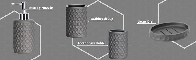 zccz Bathroom Accessory Set, 6 Piece Grey Bathroom Accessories Set with Trash Can, Toothbrush Holder, Toothbrush Cup, Soap Dispenser, Soap Dish, Toilet Brush with Holder, Trash Can, Light Gray