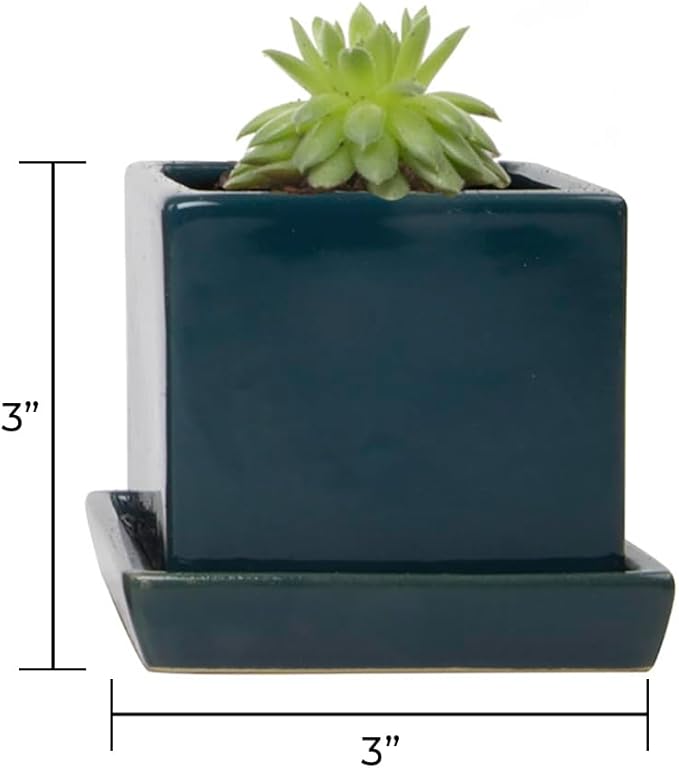 CHIVE - 3 Piece Set Square Succulent Cactus Planter Pot, 3 Inch Ceramic Flower Plant Container, Drainage Hole/Saucer, Mini Pot Indoor/Outdoor Garden (Green Blue)