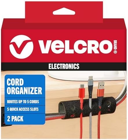 VELCRO Brand Cord Organizer for Desk & Nightstand, 5 Cable Slots with Sleeve Routing, Adhesive Wire Holder for Cord Management, Home, Workshop, Gaming & Office Essentials, Black 2 Pack