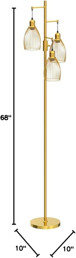Torondo Dimmable Floor Lamp, Industrial Floor Lamps for Living Room, Gold Tree Lamp Standing Lamp Tall Lamps with 3 Elegant Teardrop Cage Head & 800 Lumens LED Bulbs for Living Room Bedroom Office