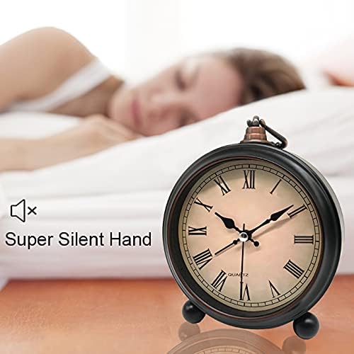 Vintage Retro Analog Alarm Clock, 4 inch Super Silent Non Ticking Small Clock with Night Light, Battery Operated, Simply Design, for Living Room, Bedroom, Bedside, Desk, Gift Clock (Roman)