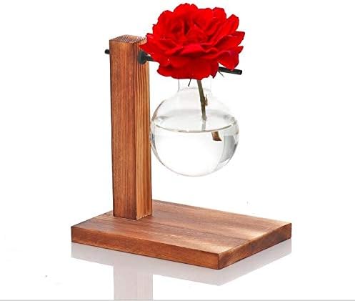 Kingbuy Hydroponic Glass Vase Vintage Desktop Plant Terrarium Planter Bulb Vase Water Planting Propagation Vase Planters Hydroponics Plants with Retro Wooden Stand Home Garden.