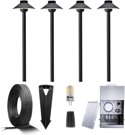 12V Brass Landscape Black Path Lighting Kit (4 Pack Path Lights) with 75W Low Voltage Transformer and 100 Feet Cable and 20Pack Wire Connectors for Outdoor House Garden Patio Walkway