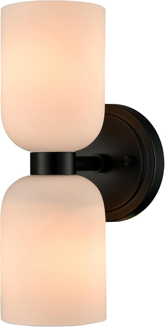 CLAXY Black Wall Sconce Modern 2-Light Bathroom Vanity Lights-Milky Glass Shade Wall Light for Bathroom Bedroom Stairway