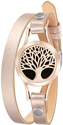 Wild Essentials Rose Gold Tree Essential Oil Bracelet Diffuser, Leather Wrap Band, Stainless Steel Locket Pendant, 12 Color Refill Pads, Customizable Color Changing Perfume Jewelry for Aromatherapy