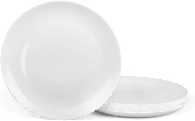 10.5 inch Ribbed Dinner Plate Set of 6, Round Opal Glass White Dinnerware Plates, Dishwasher and Microwave Safe