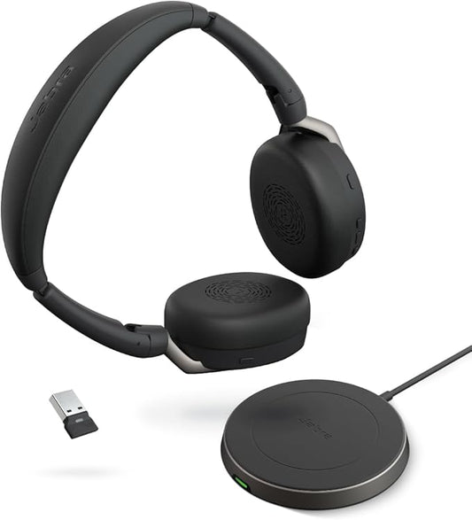 Jabra Evolve2 65 Flex Stereo Headset with Bluetooth, Wireless Charging Pad - Noise-Cancelling ClearVoice Technology & Hybrid Active Noise Cancellation - Works with Leading UC Platforms - Black