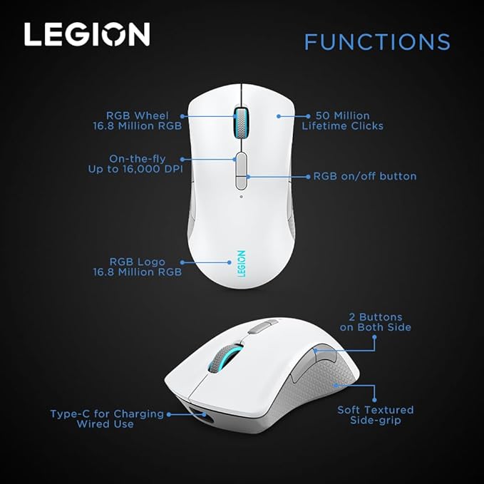Lenovo Legion M600 RGB Wireless Gaming Mouse – 16,000 DPI, 9 Programmable Buttons, 200-Hour Battery Life, 50-Million Clicks Durability – Ambidextrous Computer Mouse (Stingray)