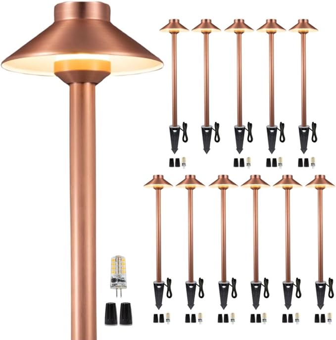 Brass 12V Path Lights Outdoor, IP65 Waterproof Low Voltage Landscape Pathway Lights(Hat) Copper for Walkway Driveway Garden Yard with 3W LED G4 Bulb 2700K Warm White(12 Pack)