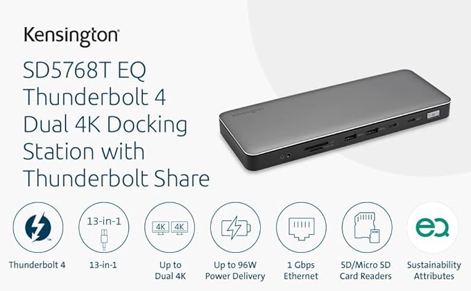 Kensington SD5768T EQ Thunderbolt 4 Docking Station, Dual 4K@60Hz via HDMI/TB4 Ports, 96W Charging, SD/Micro SD Card Slots, Ethernet, Audio, Supports Thunderbolt Share (K35381NA)