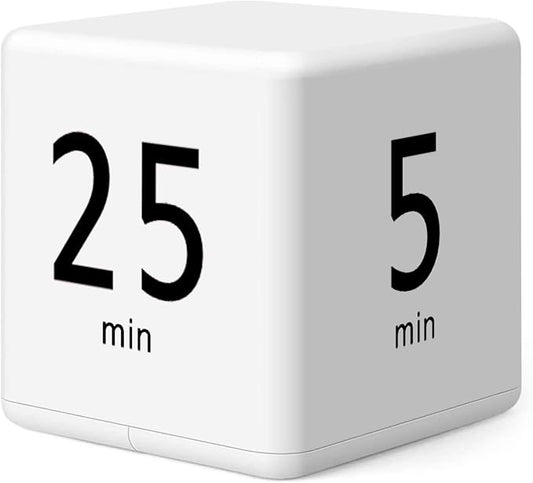 Rotating Pomodoro Timer, 5/25/15/45 Mins Preset, Desk Cube Countdown Flip Productivity Timer for ADHD, Time Management, Classroom, Workout, Kitchen, Cooking, Study, White