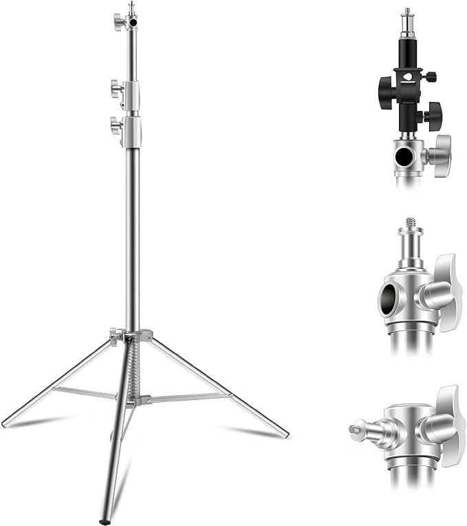 Wellmaking Stainless Steel Photography Light Stand 9.2ft/280cm.Spring Cushioned Heavy Duty Tripod Stand with 1/4”to3/8” Screw Adapter and Tilt Swivel Mount for Strobe, Video Light,ring light,Monolight