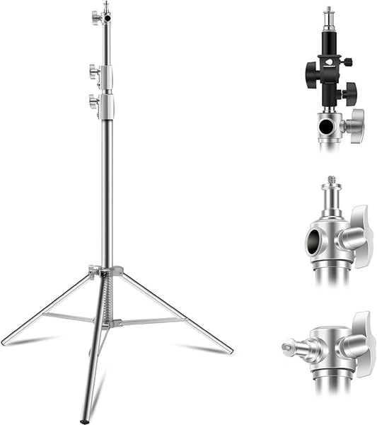 Wellmaking Stainless Steel Photography Light Stand 9.2ft/280cm.Spring Cushioned Heavy Duty Tripod Stand with 1/4”to3/8” Screw Adapter and Tilt Swivel Mount for Strobe, Video Light,ring light,Monolight