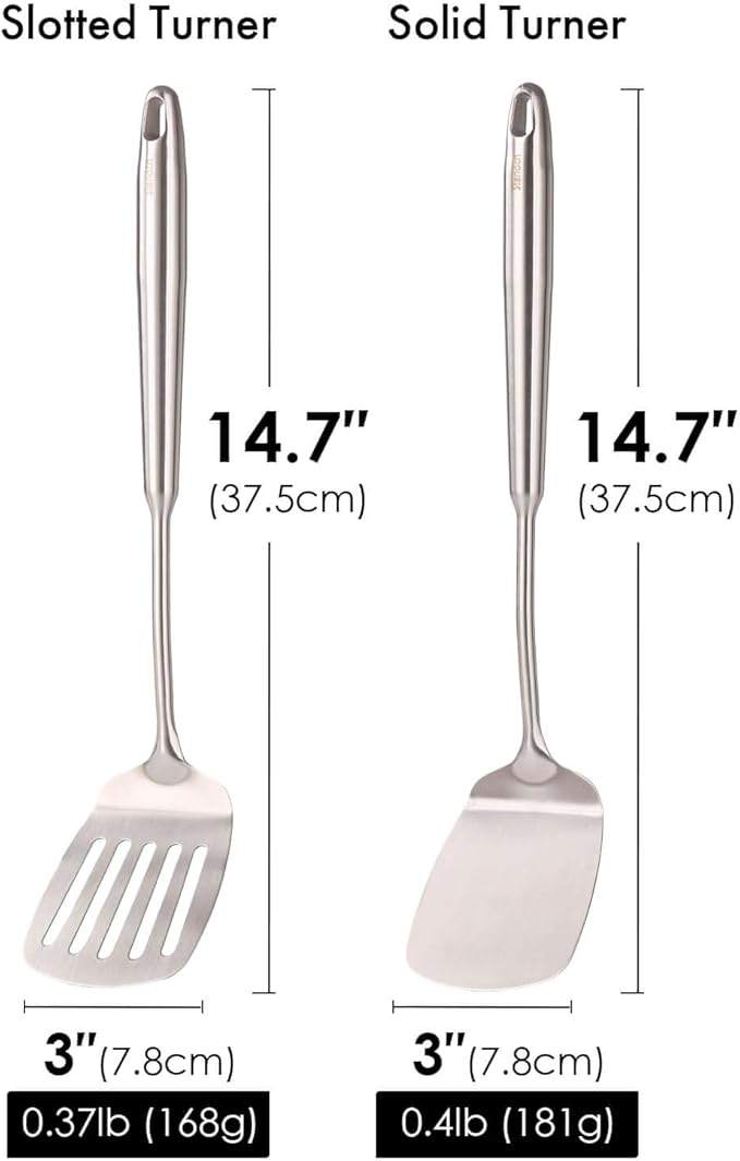 18/10 Stainless Steel Spatulas Set - 15” Long Spatulas for Kitchen, Metal Cooking Utensils - 1 Slotted Spatula + 1 Solid Turner (style A - all metal brushed)