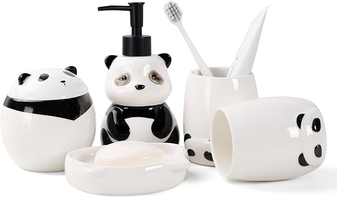 Bathroom Accessory Set 5PCS, Ceramic Bathroom Accessories Set, Cute Panda Bathroom Accessories Sets Complete, Home Apartment Modern Bathroom Decor Vanity Countertop, ANTIS'S HOME