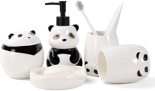 Bathroom Accessory Set 5PCS, Ceramic Bathroom Accessories Set, Cute Panda Bathroom Accessories Sets Complete, Home Apartment Modern Bathroom Decor Vanity Countertop, ANTIS'S HOME