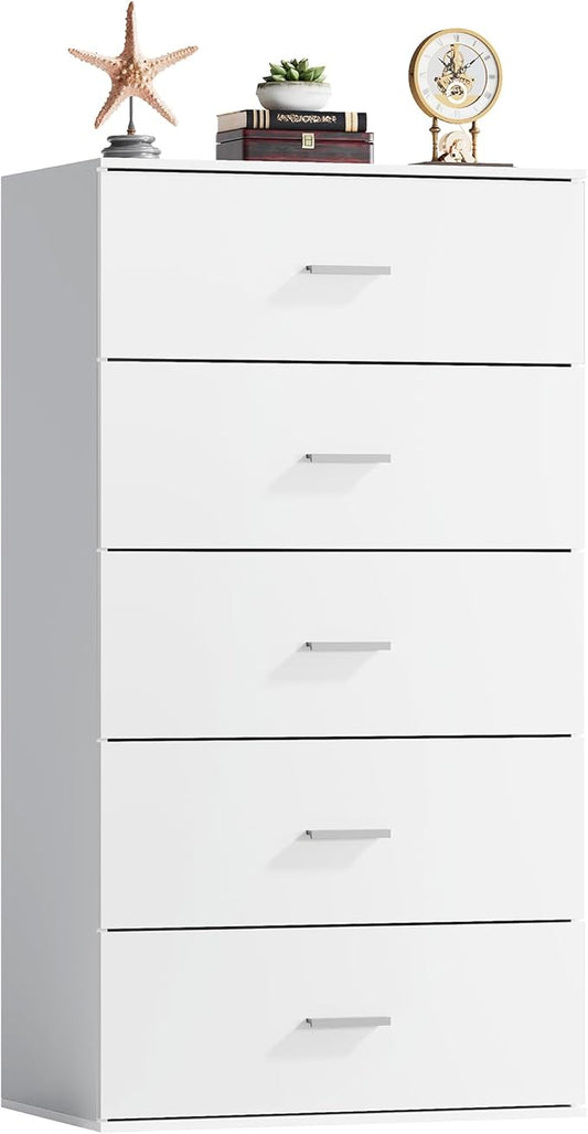 WLIVE Wood Dresser for Bedroom, Tall Chest of Drawers with Mental Handles, White Bedroom Dresser with 5 Drawers, Modern Minimalist Closet Store Organizer for Living Room, Hallway