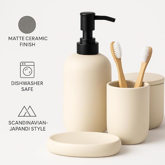 Ceramic Bathroom Accessories Set 4 Pcs - Modern Scandinavian Neutral Soap Dish & Dispenser Toothbrush Holder Cup - Minimalist Countertop Accessory Set - Cream Light Beige Off-White Bathroom Decor