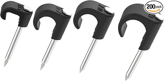 Black Cable Clips Pack of 200, Heavy-Duty Nail in Wire Clips, 304 Stainless Steel, UV and Weather Resistant, Cable Wire Management for Phone and Ethernet Wire, Power Cords, Tube