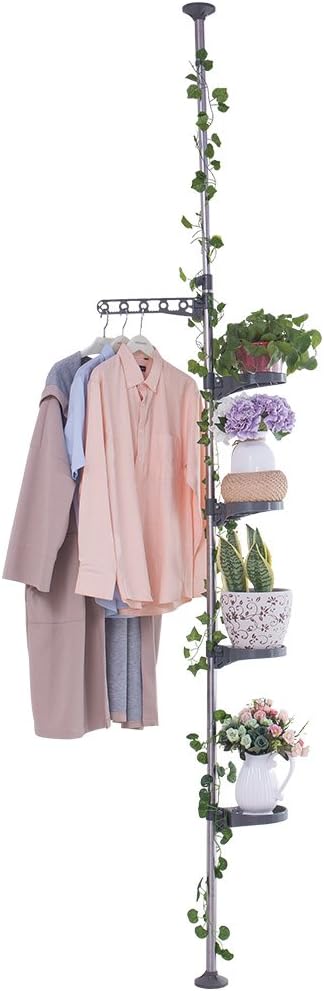 BAOYOUNI 5-Layer Tension Pole Plant Stands Indoor Metal Flower Display Rack Space Saver Floral Pot Hanging Shelf ,Grey