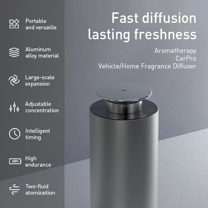 Car Diffuser Air Freshener with Hotel Scents Diffuser Oil - Three Adjustable Modes Intelligent Car Aroma Diffuser - Home Luxury Scents Refill - Rechargeable Waterless Diffuser for Home & Office